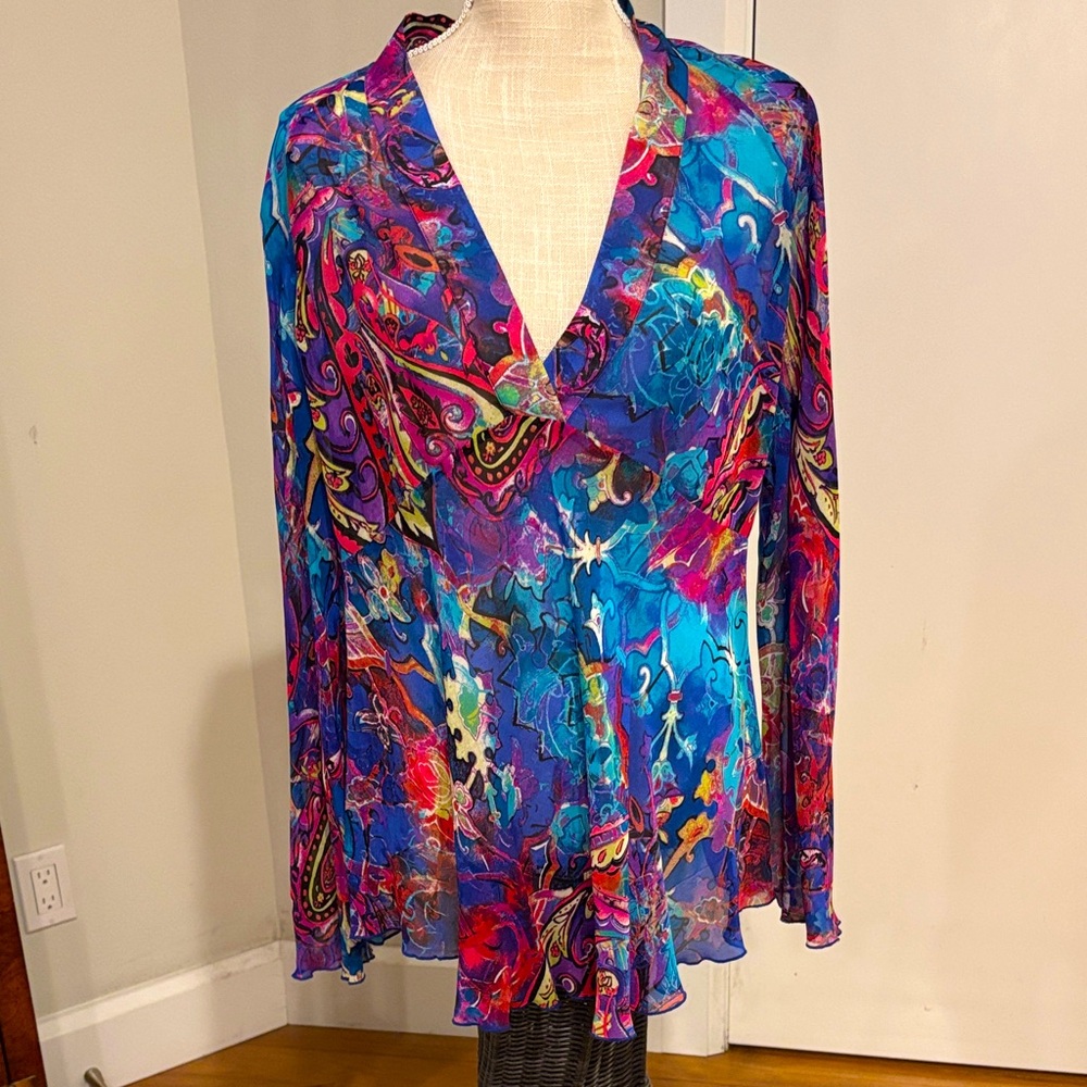 Chico’s Vibrant Abstract Silk Mesh Paisley V-Neck Blouse - Blue/Purple